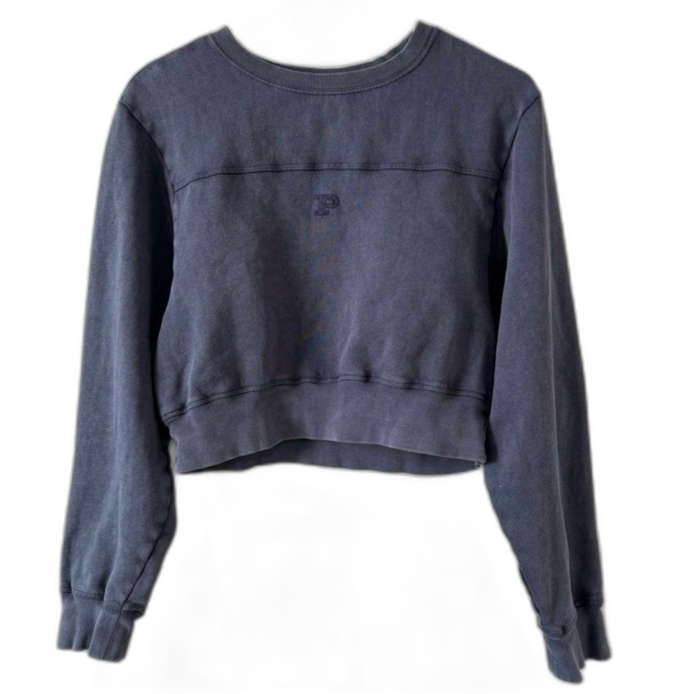 VS PINK Ivy Fleece Navy Cropped Crewneck. Yoke Seam, Size L. Coquette Athleisure